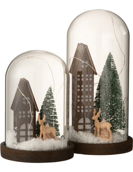 Décoration de Noël lumineuse Led XL Sapin & Immeuble sous cloche en Verre Transparent Bois Marron - 4