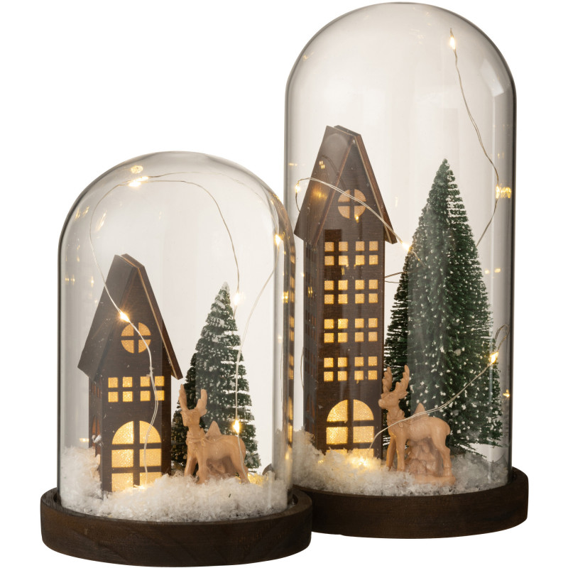 Décoration de Noël lumineuse Led XL Sapin & Immeuble sous cloche en Verre Transparent Bois Marron - 5