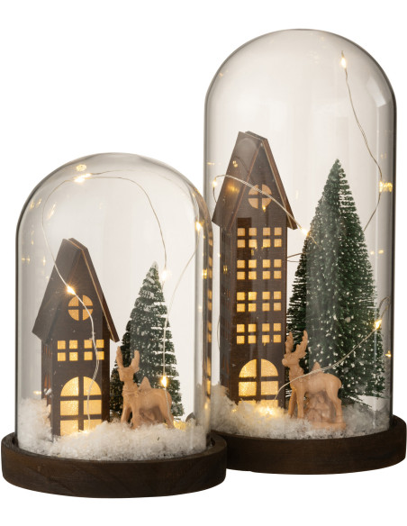 Décoration de Noël lumineuse Led XL Sapin & Immeuble sous cloche en Verre Transparent Bois Marron - 5