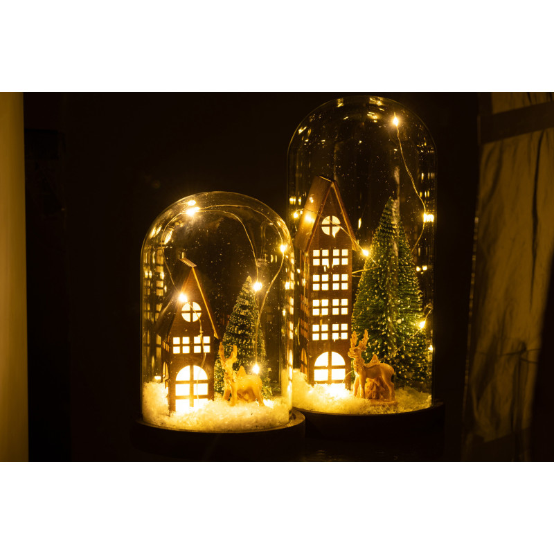 Décoration de Noël lumineuse Led XL Sapin & Immeuble sous cloche en Verre Transparent Bois Marron - 6