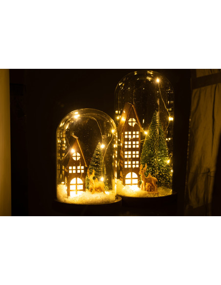 Décoration de Noël lumineuse Led XL Sapin & Immeuble sous cloche en Verre Transparent Bois Marron - 6