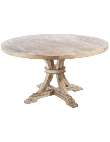 Table à manger ronde 150 cm bois de manguier blanc décapé Malira