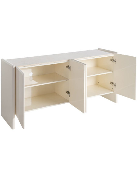 Buffet design Bas 4 portes 163 cm Bois MDF Blanc crème Laqué Marbre Blanc Monéo