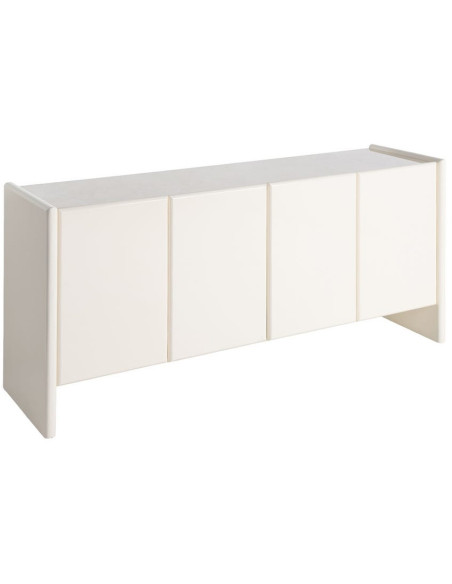 Buffet design Bas 4 portes 163 cm Bois MDF Blanc crème Laqué Marbre Blanc Monéo