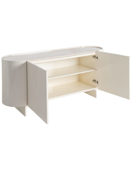 Buffet design Bas 2 portes 160 cm Bois MDF Blanc crème Laqué Marbre Blanc Envelo