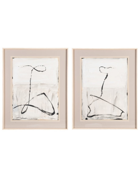 Grand Tableau mural peint sous verre abstrait Blanc Beige & Noir Cadre Bois d'ayous beige 80x100 Xiven (Lot de 2)