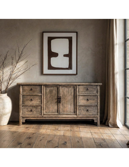 Grand Buffet design campagne chic Bas 2 portes 6 tiroirs 180 cm Bois de pin recyclé Marron Vieilli Héritia