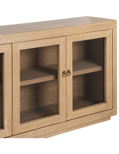 Buffet design campagne chic Bas 4 portes 200 cm Bois d'orme recyclé Naturel Verre Transparent Atelior