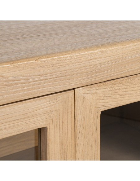 Buffet design campagne chic Bas 4 portes 200 cm Bois d'orme recyclé Naturel Verre Transparent Atelior