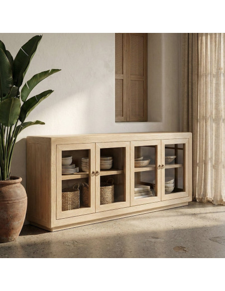 Buffet design campagne chic Bas 4 portes 200 cm Bois d'orme recyclé Naturel Verre Transparent Atelior