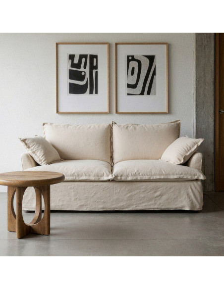 Canapé design cocooning Droit 2 places 200 cm Coton Lin Beige Bois de pin Oryza