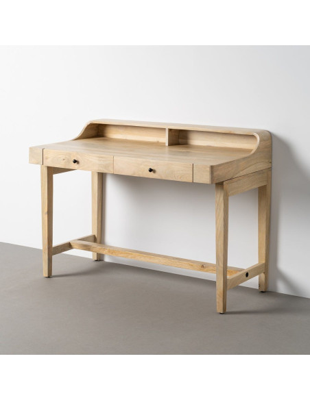 Bureau design scandinave 2 tiroirs 1 niche 1 étagère 122 cm Bois de manguier Naturel Effet teck Teka
