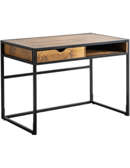 Bureau design industriel 1 tiroir 1 niche 110 cm Bois de manguier Marron miel Métal Noir Lurko