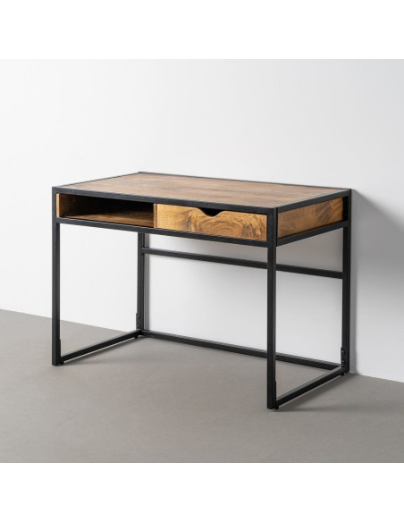 Bureau design industriel 1 tiroir 1 niche 110 cm Bois de manguier Marron miel Métal Noir Lurko