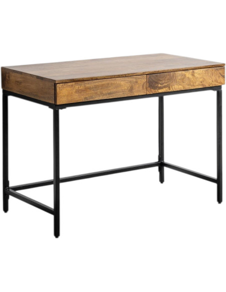 Bureau design industriel 2 tiroirs 110 cm Bois de manguier Marron miel Métal Noir Kavro