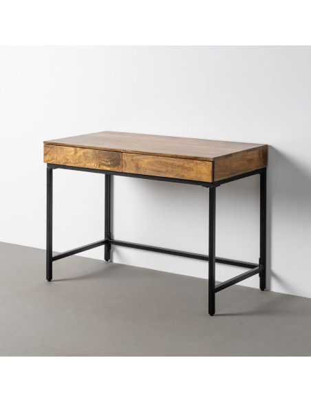 Bureau design industriel 2 tiroirs 110 cm Bois de manguier Marron miel Métal Noir Kavro