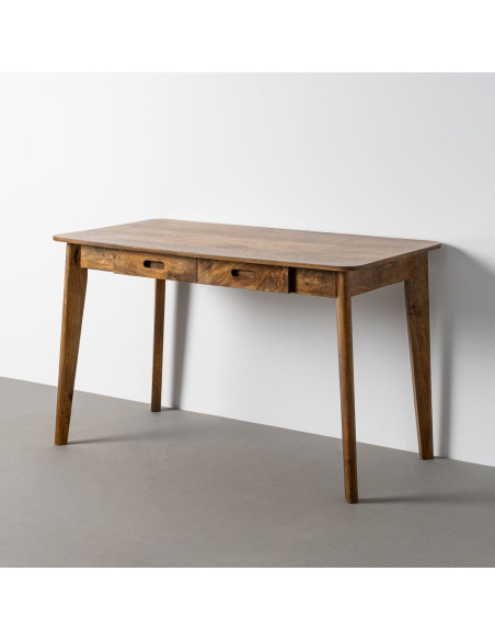 Bureau design scandinave 2 tiroirs 130 cm Bois de manguier Marron miel Métal Effet bois Atelio