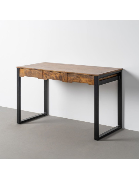 Bureau design industriel 3 tiroirs 125 cm Bois de manguier Marron miel Métal Noir Nerko