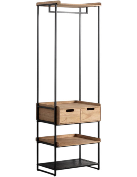 Meuble Vestiaire industriel chic 2 tiroirs 4 étagères 60 cm en Bois MDF Naturel Métal Noir Onara