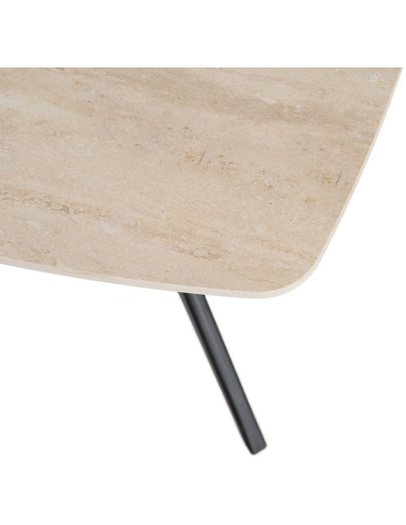 Table basse moderne chic Carrée en Pierre frittée Beige Effet travertin Métal Noir Ahlira