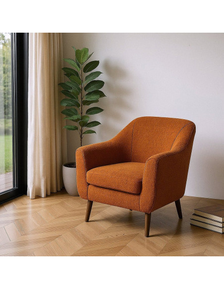 Fauteuil Bouclette moderne chic en Tissu Terracotta Bouclé Bois d'hévéa Marron Wamira