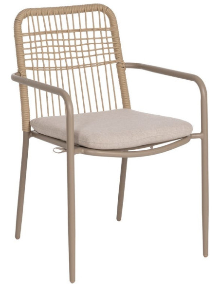 Fauteuil de table extérieur moderne en Métal Gris Rotin polyéthylène Naturel Tressé Tissu Beige Iban (Lot de 2)