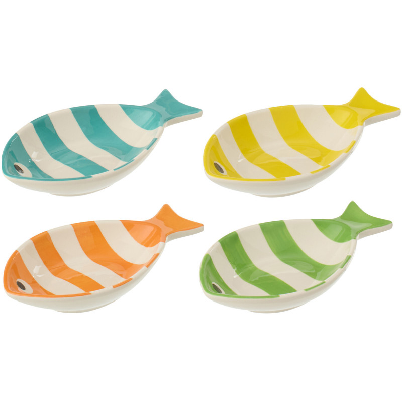 Lot de 4 Bols style bord de mer Poisson Porcelaine Bleu Jaune Orange Vert Motif rayures Zeevis 
