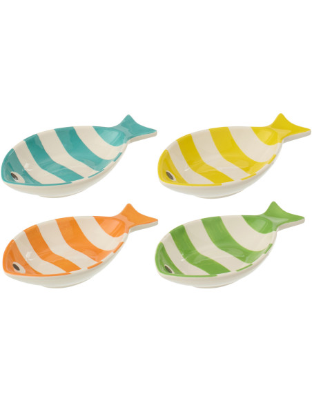 Lot de 4 Bols style bord de mer Poisson Porcelaine Bleu Jaune Orange Vert Motif rayures Zeevis 