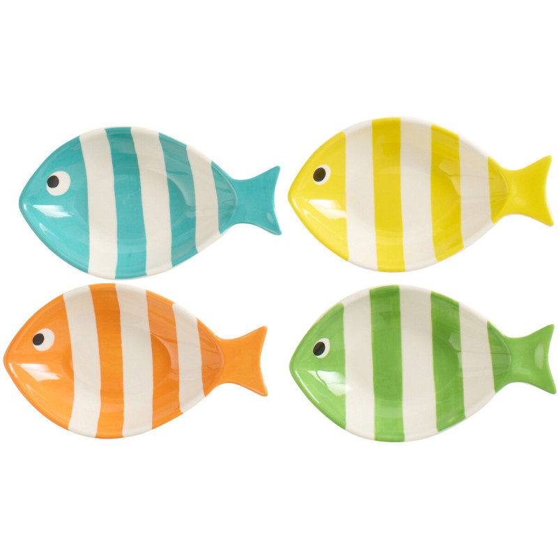Lot de 4 Bols style bord de mer Poisson Porcelaine Bleu Jaune Orange Vert Motif rayures Zeevis 
