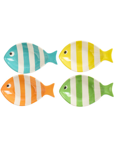 Lot de 4 Bols style bord de mer Poisson Porcelaine Bleu Jaune Orange Vert Motif rayures Zeevis 