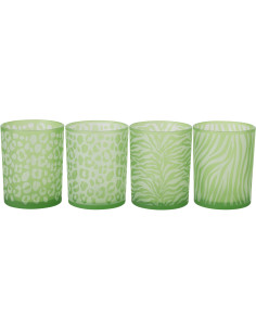 Lot de 4 Photophore style africain Verre Vert Imprimé animaux Savannya 
