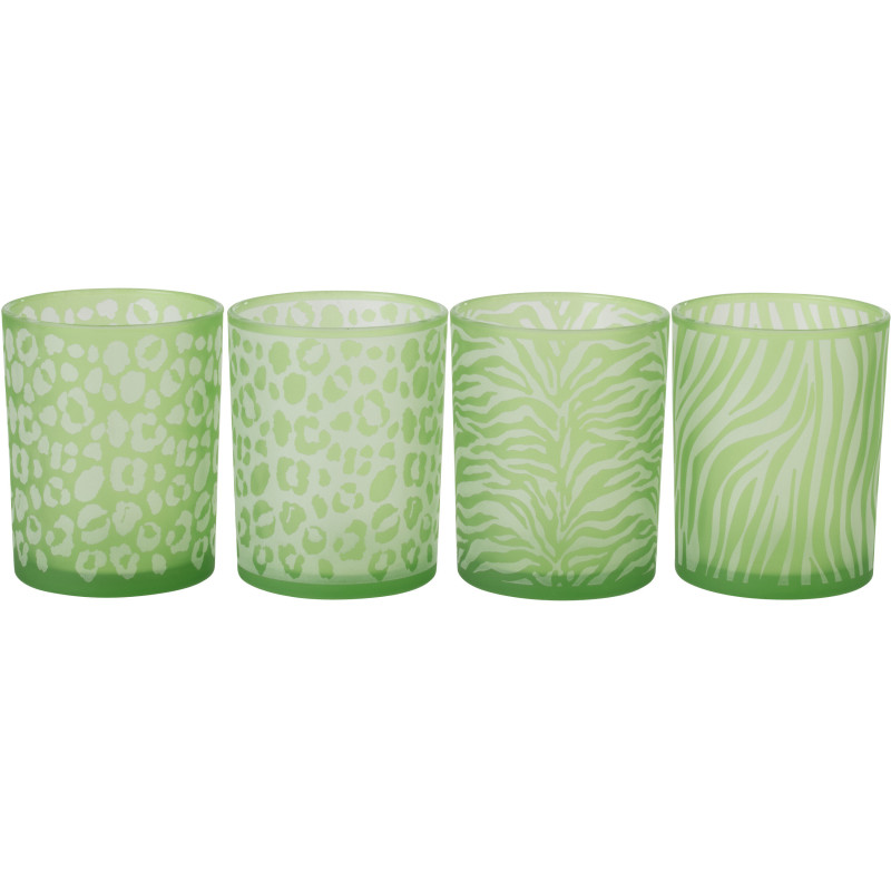 Lot de 4 Photophore style africain Verre Vert Imprimé animaux Savannya 
