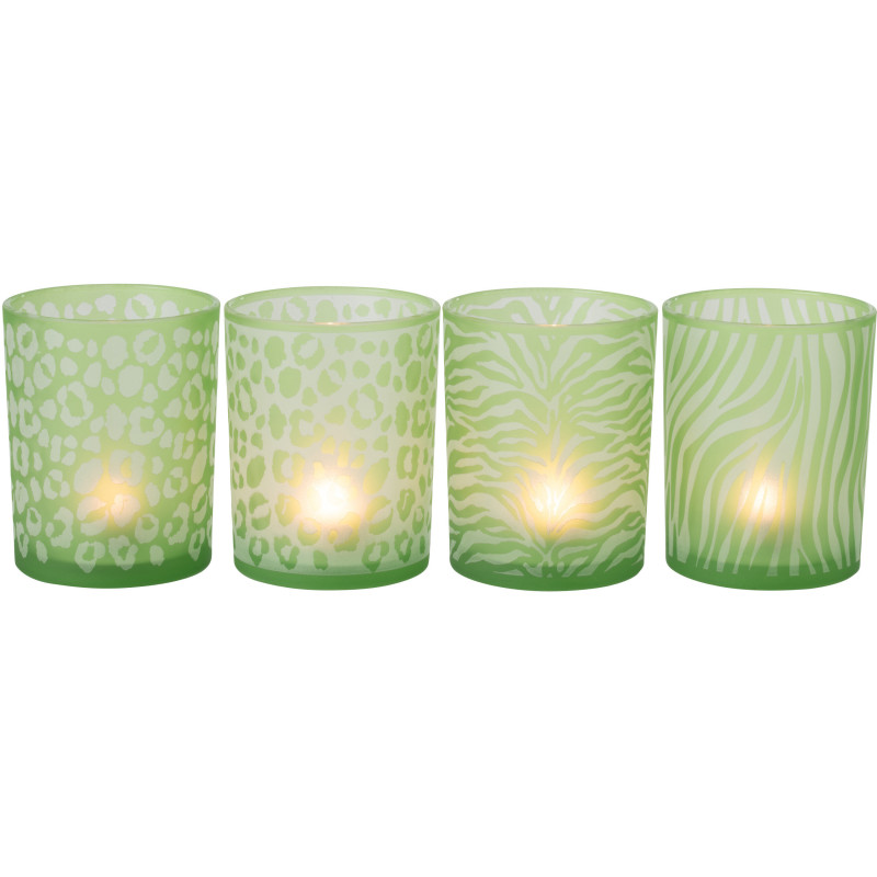 Lot de 4 Photophore style africain Verre Vert Imprimé animaux Savannya 