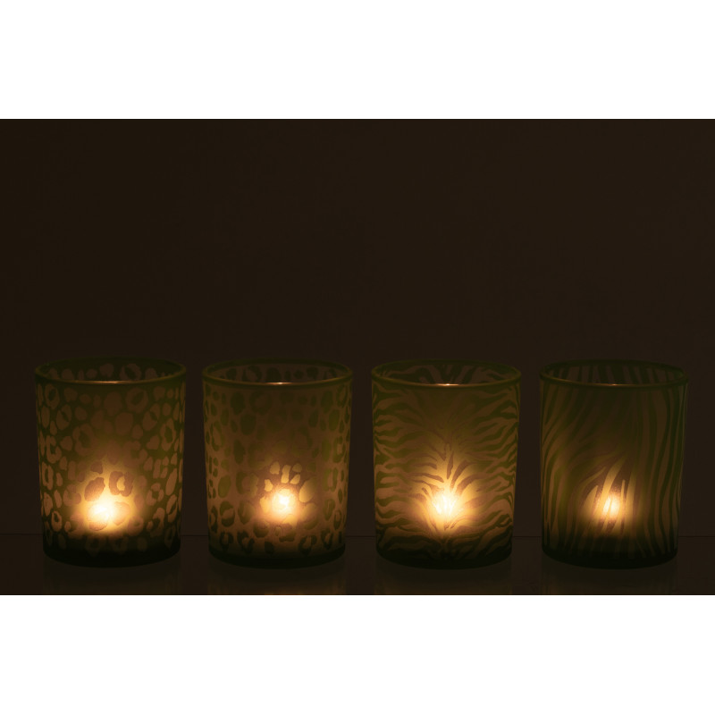 Lot de 4 Photophore style africain Verre Vert Imprimé animaux Savannya 