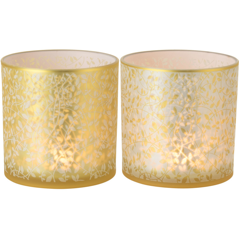 Lot de 2 Grands Photophores style bohème Verre Blanc Ambré Motif feuilles Ambrélia 