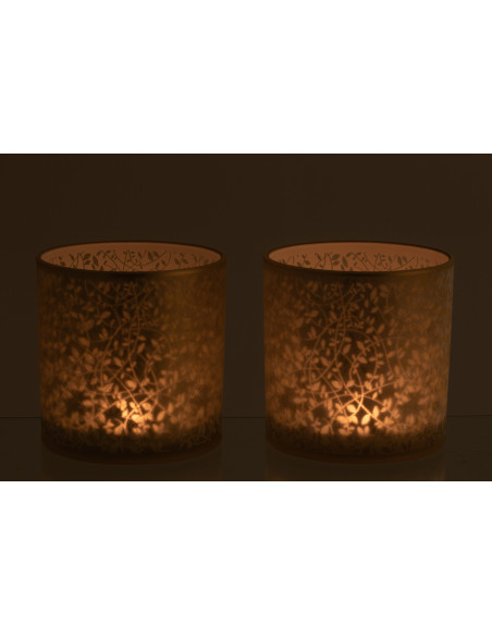 Lot de 2 Grands Photophores style bohème Verre Blanc Ambré Motif feuilles Ambrélia 