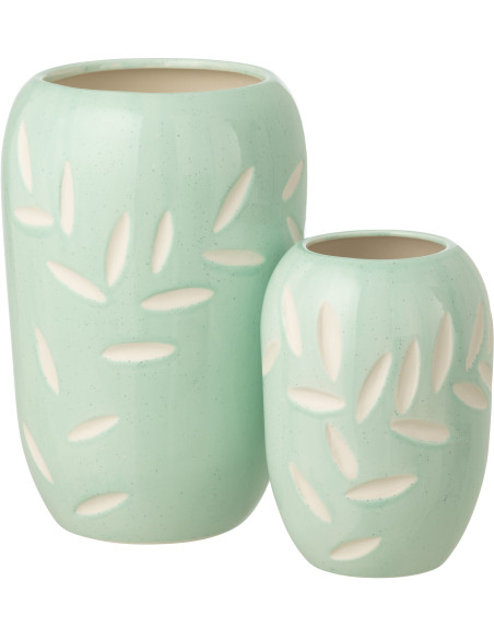 Vase design Japandi Ovale Porcelaine Bleu clair Motif feuilles Verdalia 