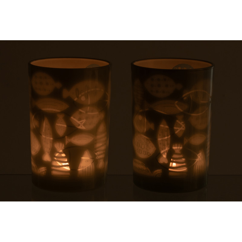 Grand Photophore bord de mer Verre Gris Motif poissons Pelagia 