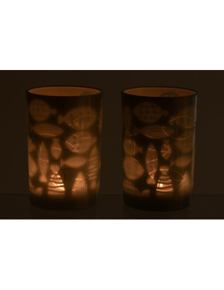 Grand Photophore bord de mer Verre Gris Motif poissons Pelagia 