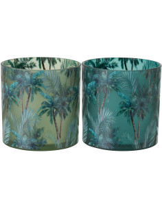 Lot de 2 Grands Photophores style jungle Verre Vert Motif tropical Palmora 