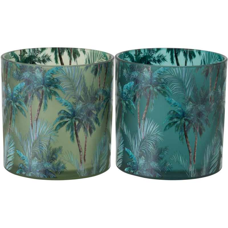Lot de 2 Grands Photophores style jungle Verre Vert Motif tropical Palmora 