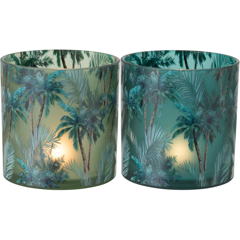 Lot de 2 Grands Photophores style jungle Verre Vert Motif tropical Palmora 
