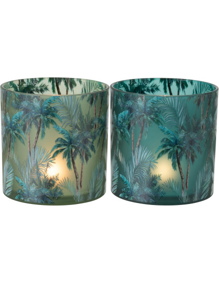 Lot de 2 Grands Photophores style jungle Verre Vert Motif tropical Palmora 