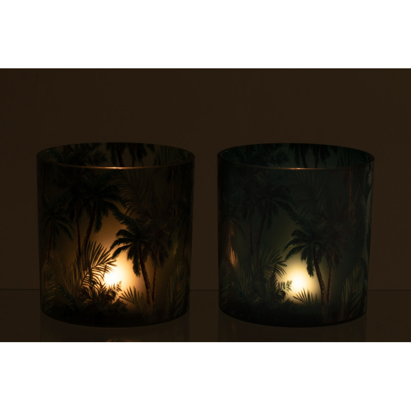 Lot de 2 Grands Photophores style jungle Verre Vert Motif tropical Palmora 