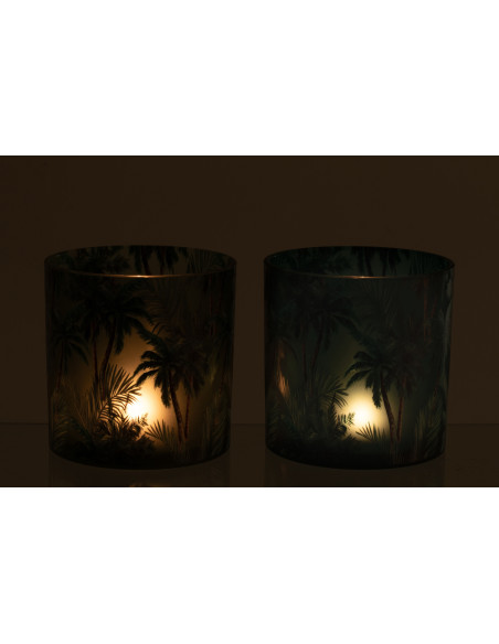 Lot de 2 Grands Photophores style jungle Verre Vert Motif tropical Palmora 