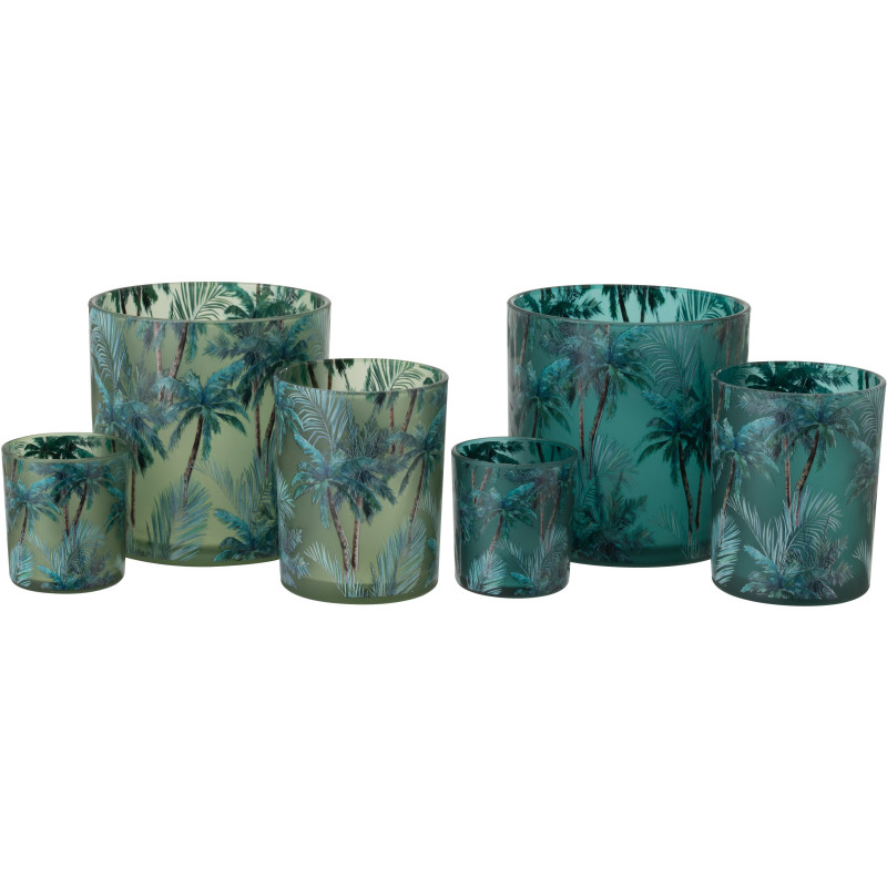 Lot de 2 Grands Photophores style jungle Verre Vert Motif tropical Palmora 