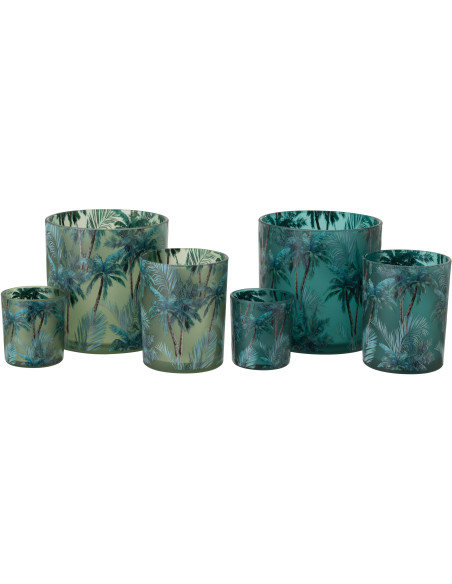 Lot de 2 Grands Photophores style jungle Verre Vert Motif tropical Palmora 