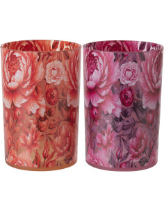 Lot de 2 Grands Photophores shabby chic Verre Orange Rose Motif fleurs Rosaria 