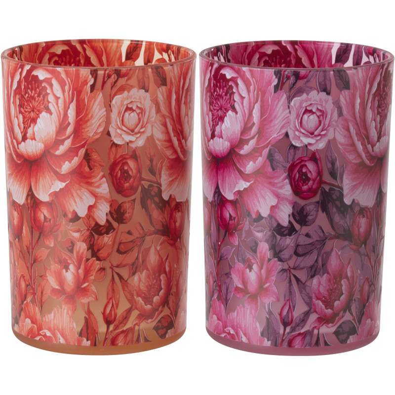 Lot de 2 Grands Photophores shabby chic Verre Orange Rose Motif fleurs Rosaria 