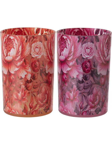 Lot de 2 Grands Photophores shabby chic Verre Orange Rose Motif fleurs Rosaria 